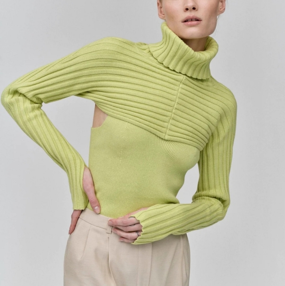 2-Piece Chartreuse Green Knit Cami and Cropped Sweater Set